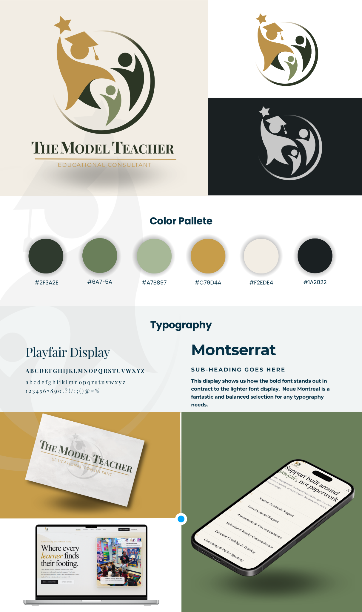 The Model Teacher brand board with logo, palette, and typography